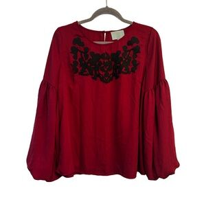 Skies are Blue Long Sleeve Embroidered Blouse in Red & Black, Size Medium NWT